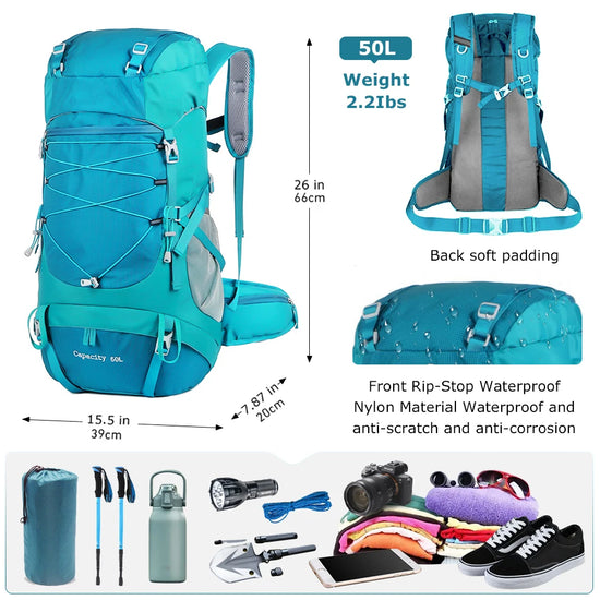 50L Hiking Backpack with Rain Cover Multifunctional Mountaineering Bag Outdoor Rucksack for Travel Trekking Camping